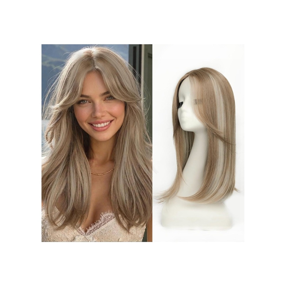 18" Synthetic Hair Topper Ash Blonde Highlights Clip-In Natural Lightweight